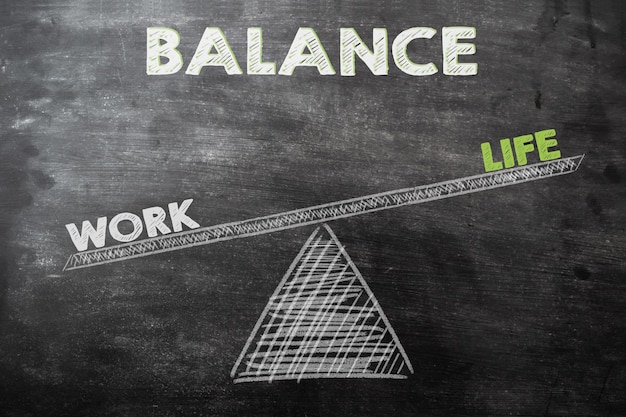 Life balance chart the word work outweighs the word life chalk drawing on a school board