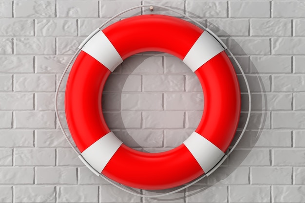 Life buoy hanging on the brick wall extreme closeup