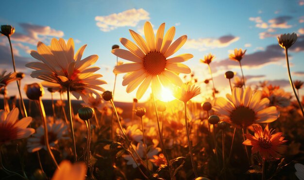 Life of daisy flowers in a sunset Generative AI