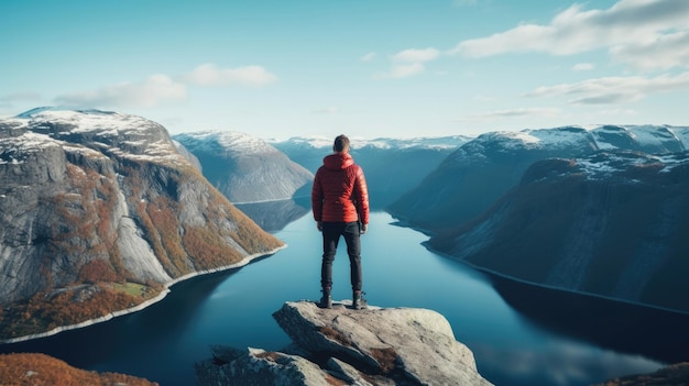 Life on the edge Traveler on cliff mountains over fjord enjoying Norway landscape Travel Lifestyle success motivation concept adventure active vacations outdoor