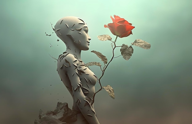 Концепция жизни, свободы и надежды Воображение сюрреалистического цветка сцены со сломанной человеческой скульптурой, цифровая иллюстрация искусства AI Generative