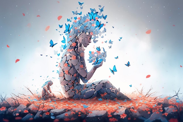 Life and freedom and hope concept imagination of surreal scene flower with broken human sculpture digital artwork illustration ai generative