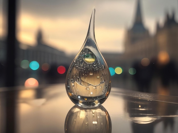 Life in a glass rain drop HDR London background sharp focus beautiful light