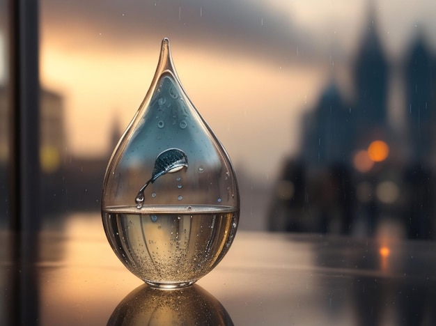 Life in a glass rain drop HDR London background sharp focus beautiful light