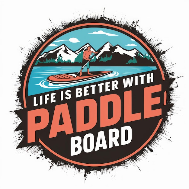 Life is Better with Paddle Board Adventurous Outdoor Emblem with Snowy Mountains and Lake