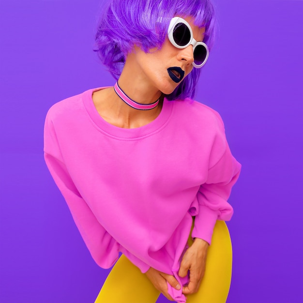 Life is colorful Fashion Girl with purple hair and bright stylish freak outfit