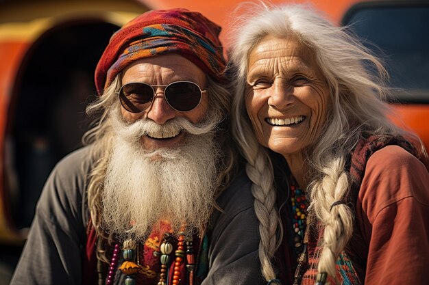 Life is good Retro youth and the elderly Hippie culture Travel bright clothes music