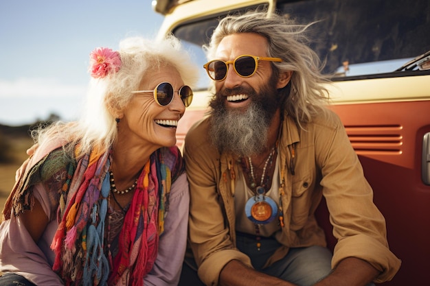 Life is good Retro youth and the elderly Hippie culture Travel bright clothes music