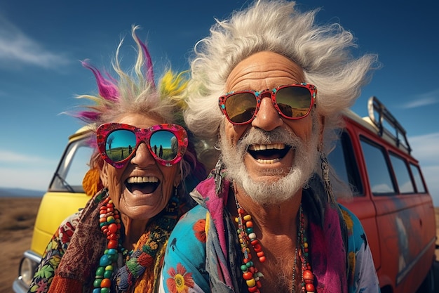 Life is good Retro youth and the elderly Hippie culture Travel bright clothes music