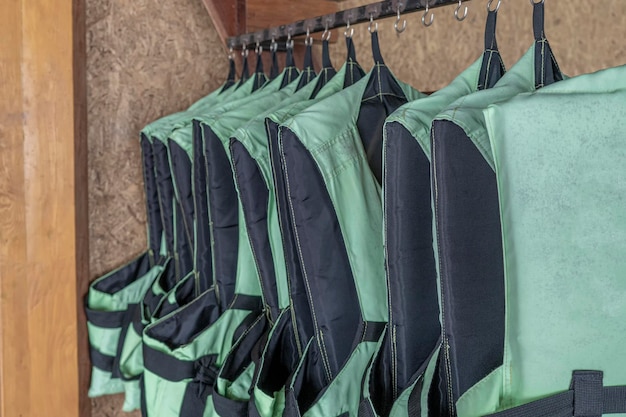 Photo life jackets in green color for life security in the water