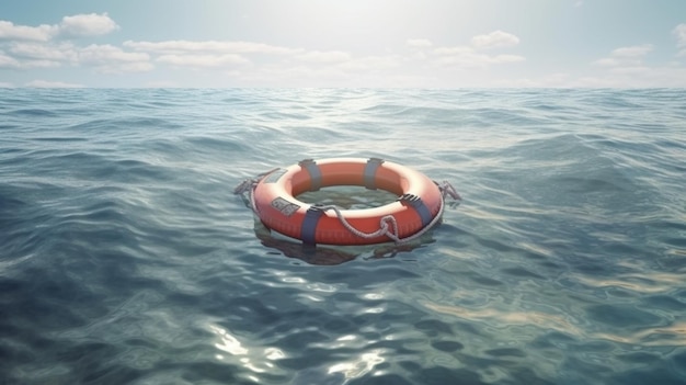 Спасательный круг, плавающий в океане с сияющим на нем солнцем.