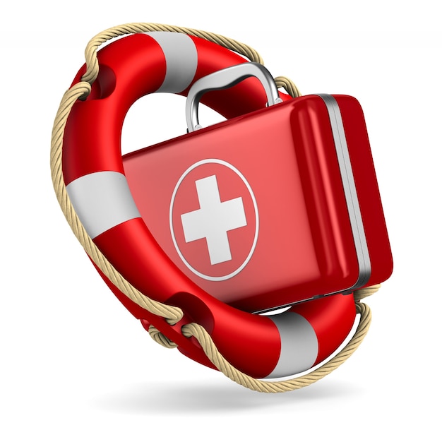 Photo life ring and first aid kit on white. isolated 3d illustration