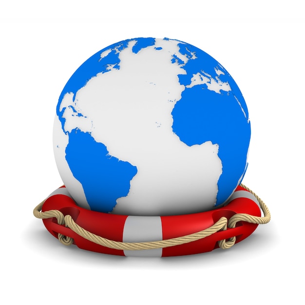 Life ring and globe on white. Isolated 3d illustration