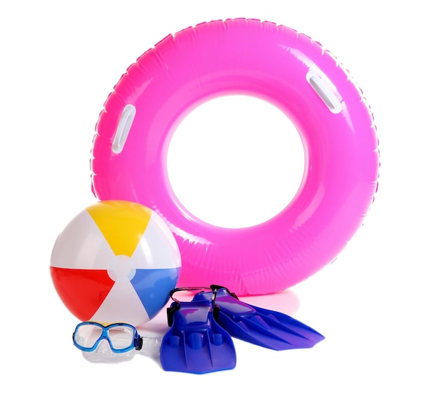 Life ring inflatable ball flippers and mask isolated on white