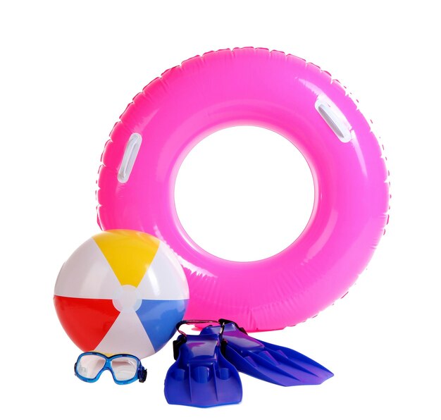 Photo life ring inflatable ball flippers and mask isolated on white