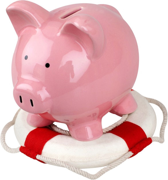 Life ring surrounding a piggy bank - concept of saving money or emergency fund
