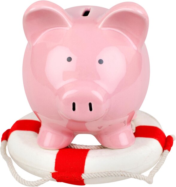 Life ring surrounding a piggy bank - concept of saving money or emergency fund