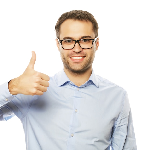 Life style, business and people concept: business man man going thumbs up, isolated on white