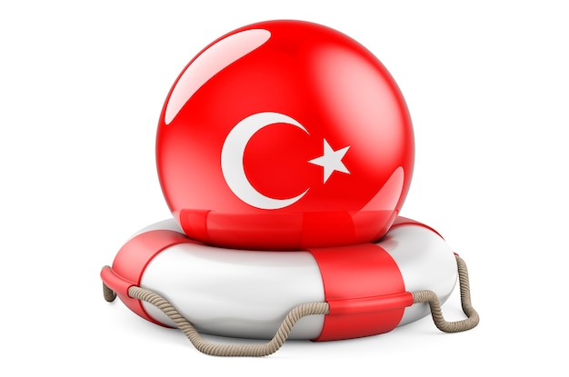 トルコの旗と Lifebelt 安全なヘルプとトルコ コンセプト 3 d レンダリングの保護