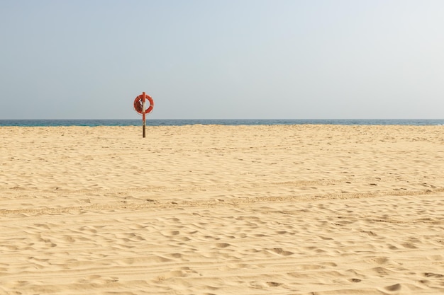 Lifebuoy on a deserted beach over blue sky