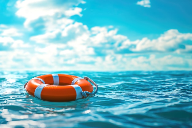 Фото Спасательный буй, плавающий в голубом море.