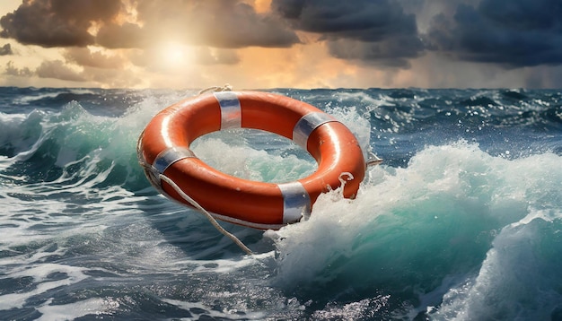 Foto buia di salvataggio che galleggia in un mare tempestoso acqua blu dell'oceano concetto mondiale della giornata di soccorso