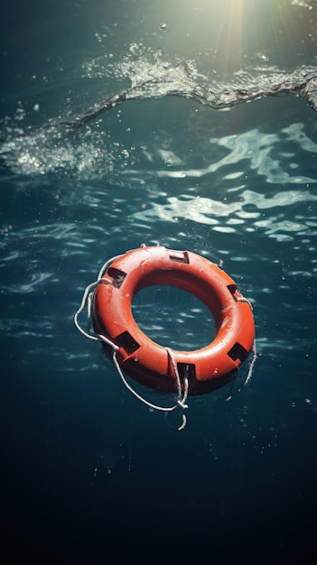 Lifebuoy floats in rough sea waters Safety and rescue concept Generative AI