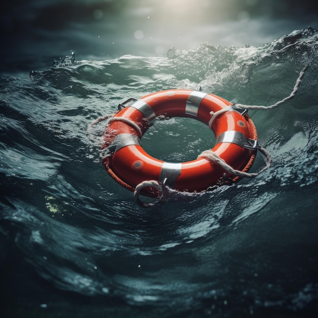 Спасательный круг плавает в бурных морских водах Концепция безопасности и спасения Генеративный ИИ