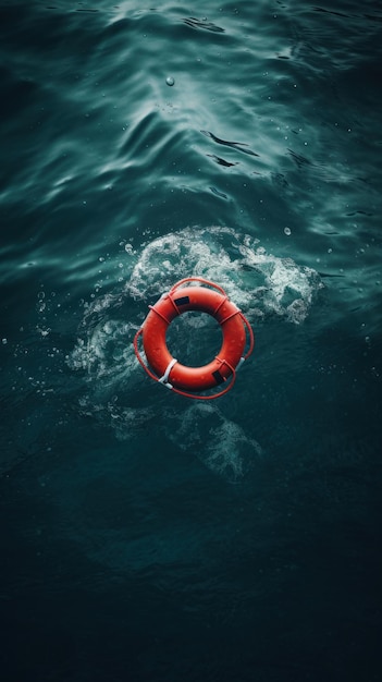 Lifebuoy floats in rough sea waters Safety and rescue concept Generative AI