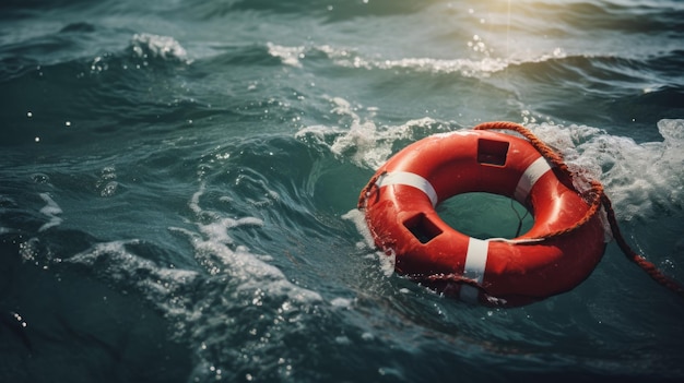 Lifebuoy floats in rough sea waters Safety and rescue concept Generative AI
