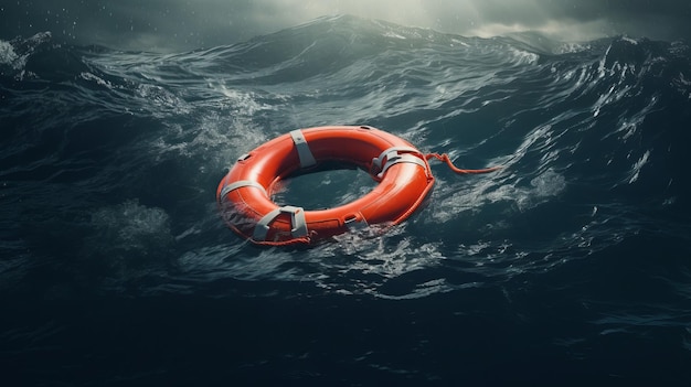 Lifebuoy floats in rough sea waters Safety and rescue concept Generative AI