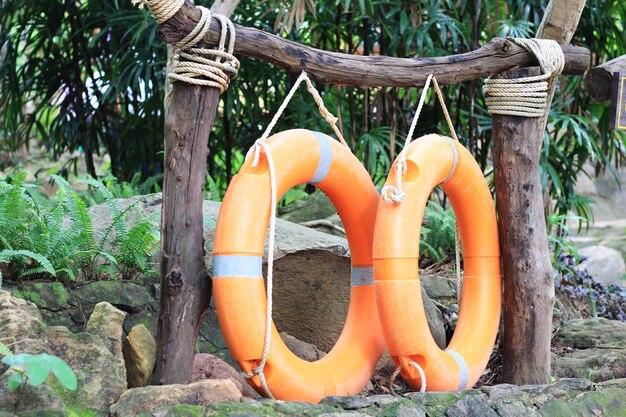 Lifebuoy hanging on a wooden pole