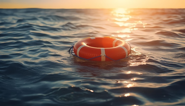 Photo lifebuoy in the sea at sunset without people