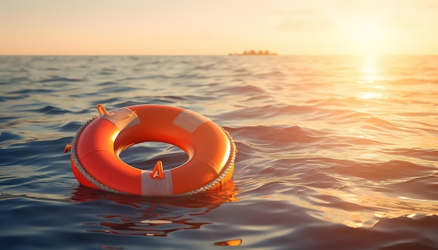 Lifebuoy in the sea at sunset without people