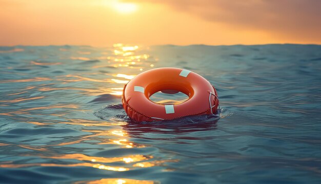 Lifebuoy in the sea at sunset without people