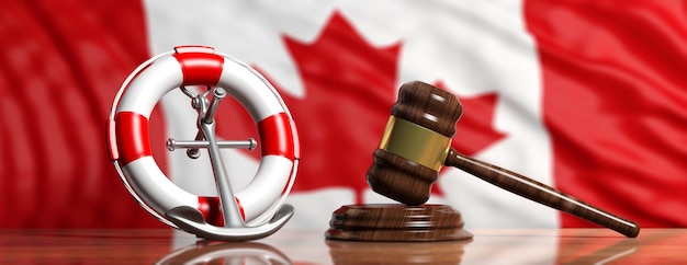 Photo lifebuoy ship anchor and justice gavel on canadian flag background banner 3d illustration