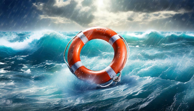 Photo lifebuoy in a stormy blue sea