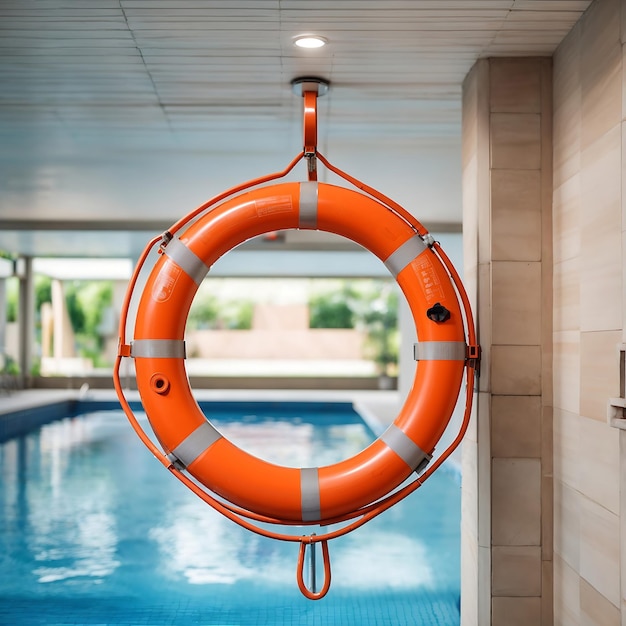 Создан спасательный круг и плавательная трубка на стене в бассейне для обеспечения безопасности.