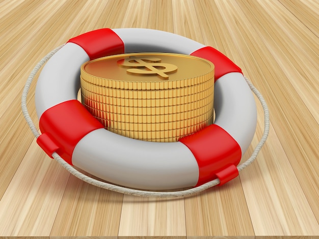 Lifebuoy with dollar coins on a wooden