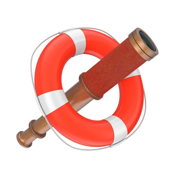 Lifebuoy with Golden Vintage Telescope Spyglass on a white background 3d Rendering