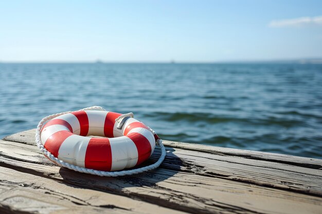 Lifebuoy on wooden pier with clear blue sea in the background