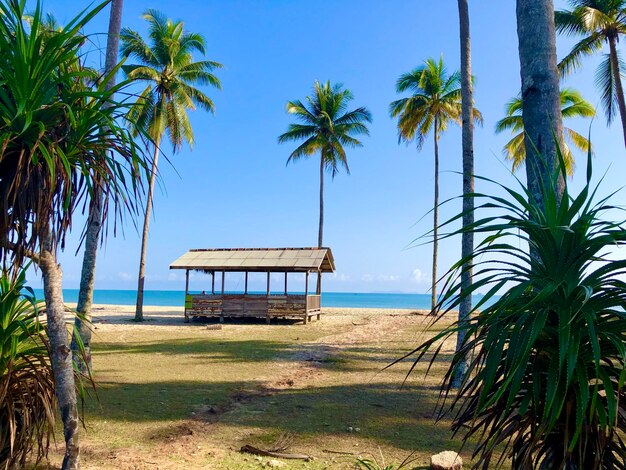 Lifeguard hut on beach against sky