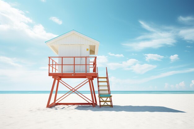 모래 해변에 있는 구명병 오두막 평화로운 바다 푸른 하늘을 생성