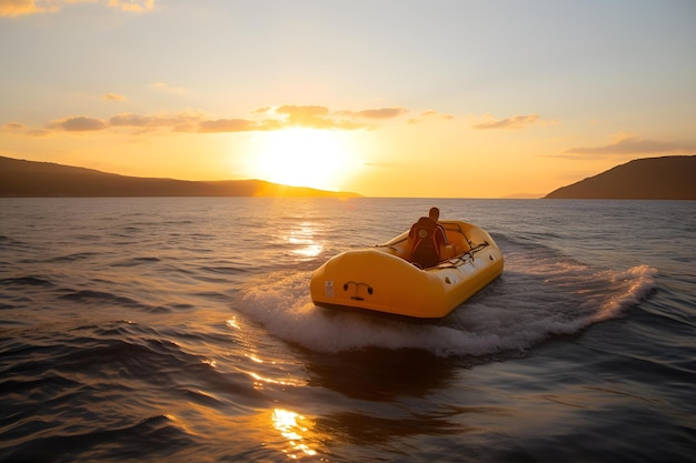 Lifeguard in an inflatable motor boat floats at dawn