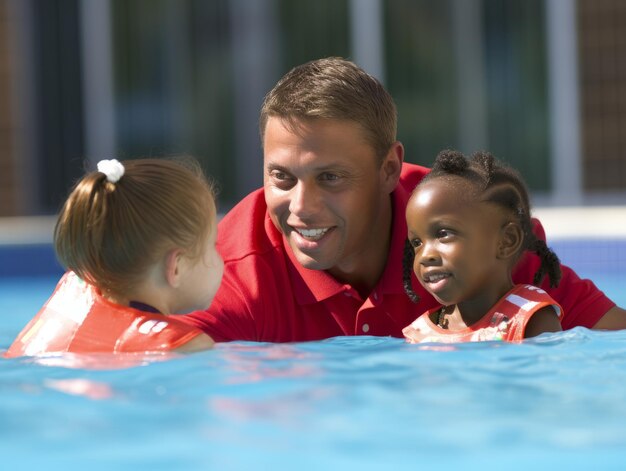 Photo lifeguard instructing children how to swim in a swimming pool