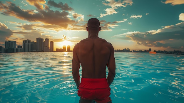 Photo a lifeguard in red shorts taking a momentary pause to gaze at the city skyline