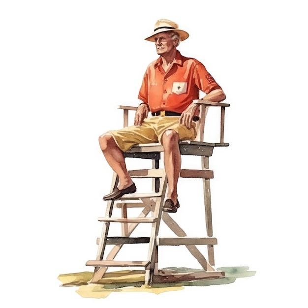 A lifeguard sits on a lifeguard chair.