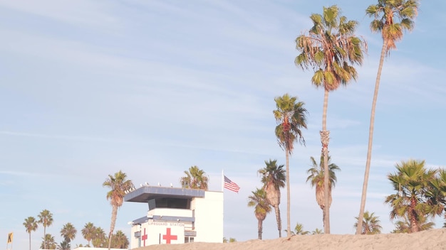 Lifeguard stand tower or station surfing safety california beach palm trees