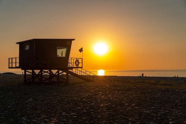 Lifeguard Tower on the beach at sunset in Batumi Georgia