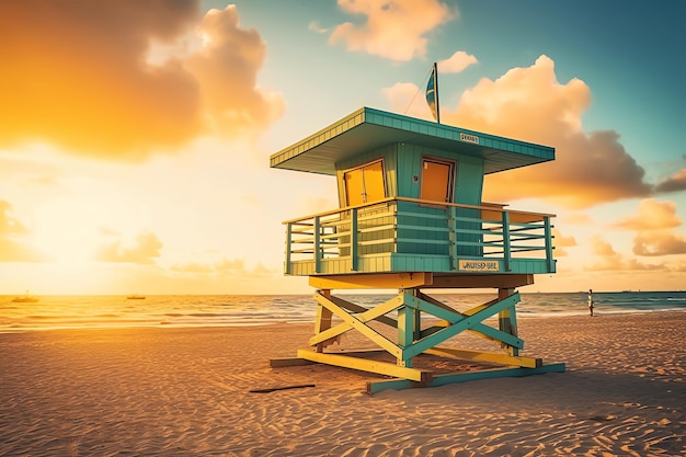 A lifeguard tower on a beach at sunset